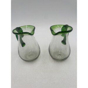 Vintage Mexican Hand Blown Pitcher Recycled Glass w Tequila Green Trim